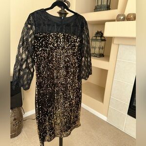 Black lace and Gold Sequin knee-length dress.  XL